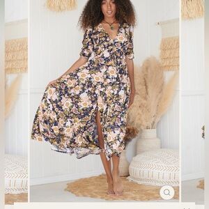 Jaase Rosetta Print Tessa Maxi dress 3/4 sleeves with slit size XS  bohemian